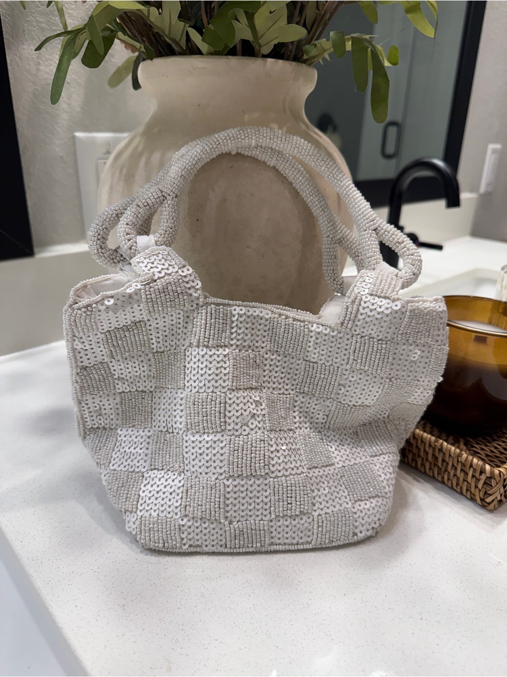 Sequin Checker Beaded Tote Bag - White